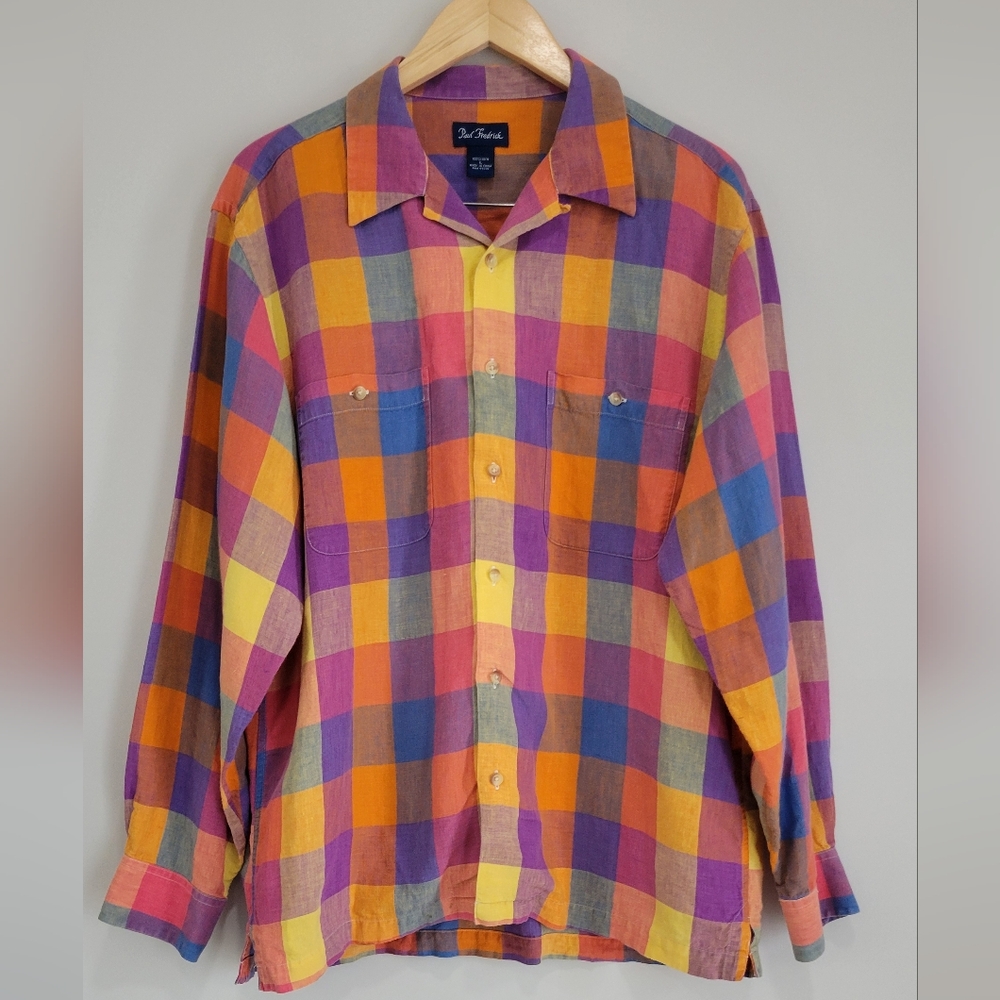 Paul Fedrick 100% Linen Multicolor Plaid Men's Shirt Preppy Retro Style Size L